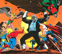 1977 Super DC Calendar for August: Justice Society vs Solomon Grundy.